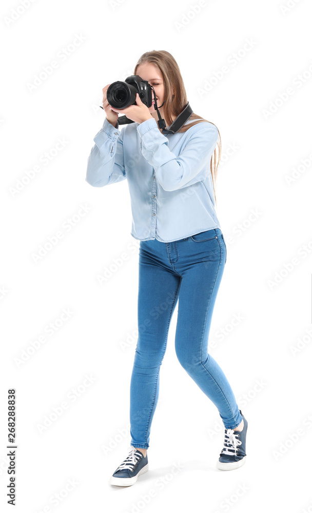 Young female photographer on white background Young female photographer on white background