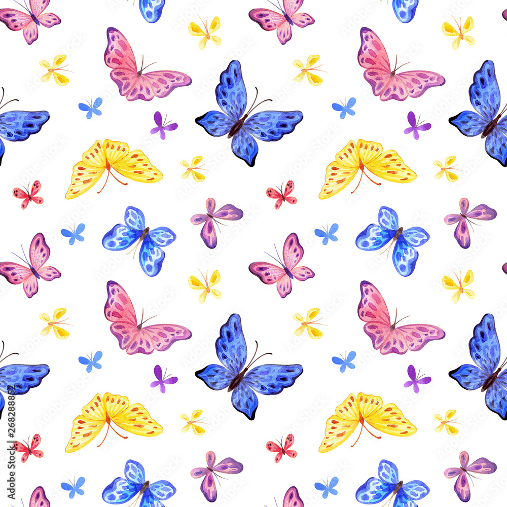 Childhood seamless pattern with cute butterflies. Hand painted watercolor illustrations isolated on a white background.