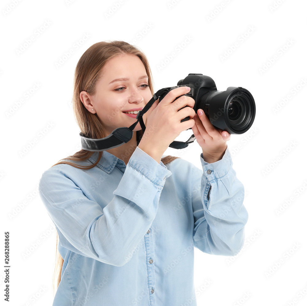 Young female photographer on white background Young female photographer on white background