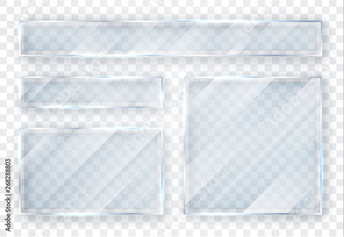 Glass plates set. Glass banners on transparent background. Flat glass. Vector illustration