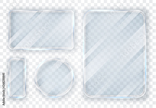 Glass plates set. Glass banners on transparent background. Flat glass. Vector illustration
