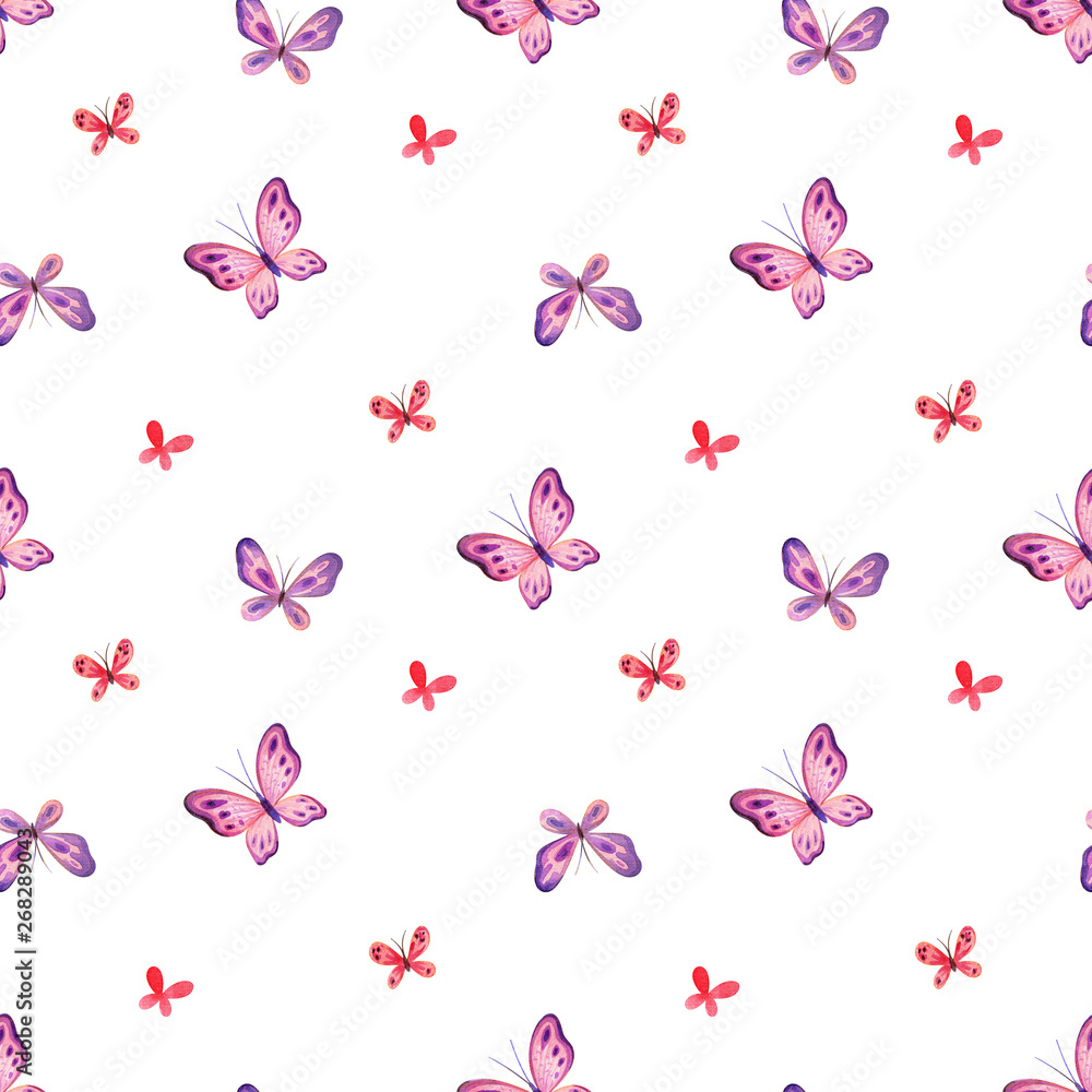Childhood seamless pattern with cute butterflies. Hand painted watercolor illustrations isolated on a white background. Childhood seamless pattern with cute butterflies. Hand painted watercolor illustrations isolated on a white background.