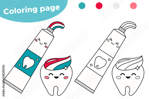 Cute kawaii cartoon tooth and toothpaste. Coloring page for kids about dental hygiene. Vector illustration.