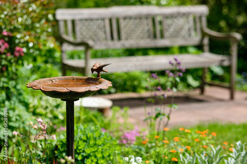 Foto Idyllic view of a beautiful green and growing  springtime garden with flowering