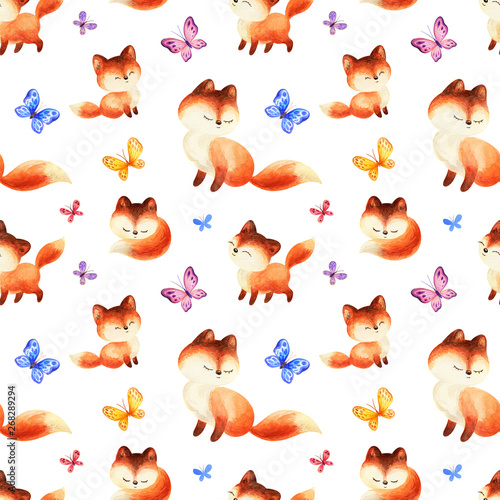 Childhood seamless pattern with cute red foxes and butterflies. Hand painted watercolor illustrations isolated on a white background.