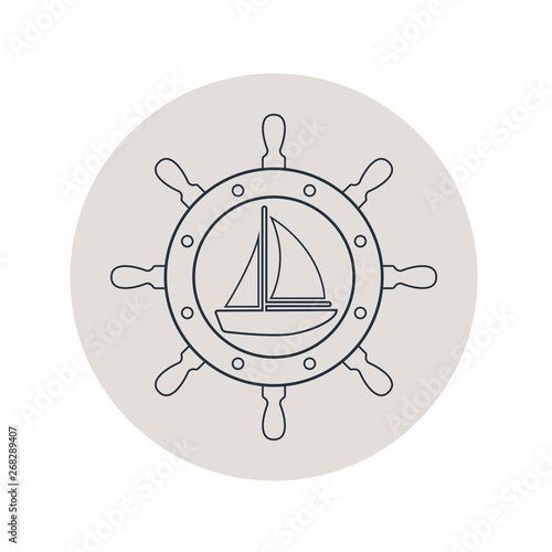 Icono plano lineal velero en timón en círculo color gris