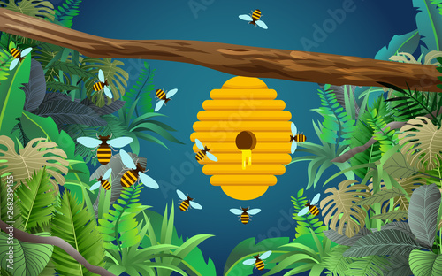 bee and honeycomb on  tree branch in the jungle