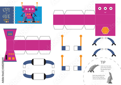 Cut and glue cartoon robot toy vector illustration. Paper craft worksheet