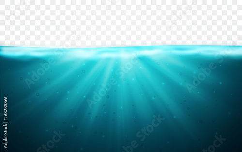 Transparent underwater blue ocean background. Horizon water surface. Vector illustration