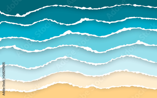 Blue sea and beach summer background. Torn paper stripes. Ripped squared horizontal paper strips. Torn paper edge. Vector illustration