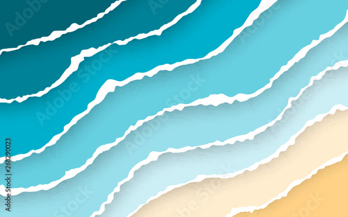 Blue sea and beach summer background. Torn paper stripes. Ripped squared horizontal paper strips. Torn paper edge. Vector illustration photo