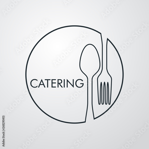 Logotipo con texto CATERING con cubiertos en círculo lineal en fondo gris