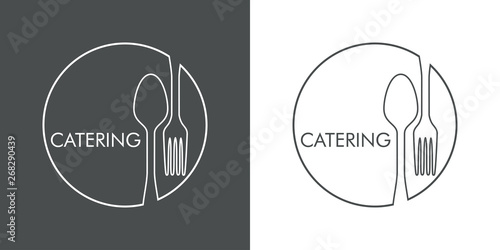 Logotipo con texto CATERING con cubiertos en círculo lineal en gris y blanco