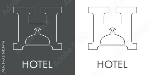 Logotipo abstraco con texto HOTEL con H con campana lineal en gris y blanco