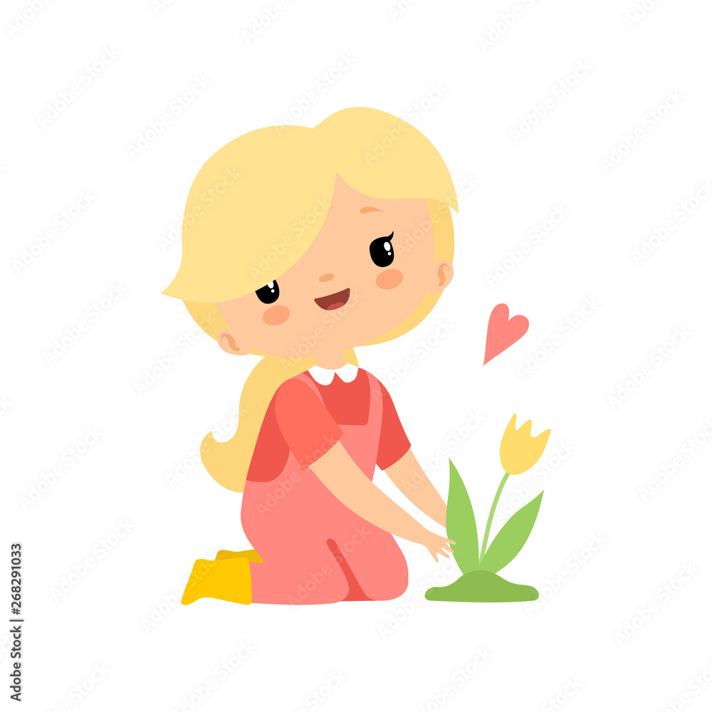 Cute Young Girl in Overalls and Rubber Boots Planting Flowers, Farmer Girl Cartoon Character Working in Garden Vector Illustration Cute Young Girl in Overalls and Rubber Boots Planting Flowers, Farmer Girl Cartoon Character Working in Garden Vector Illustration