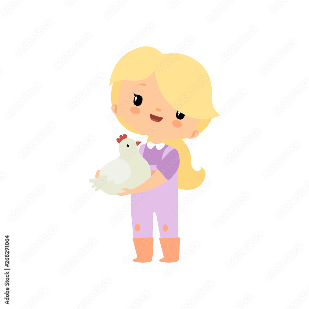 Cute Young Girl in Overalls and Rubber Boots Holding Chicken or Hen, Farmer Girl Cartoon Character Vector Illustration Cute Young Girl in Overalls and Rubber Boots Holding Chicken or Hen, Farmer Girl Cartoon Character Vector Illustration