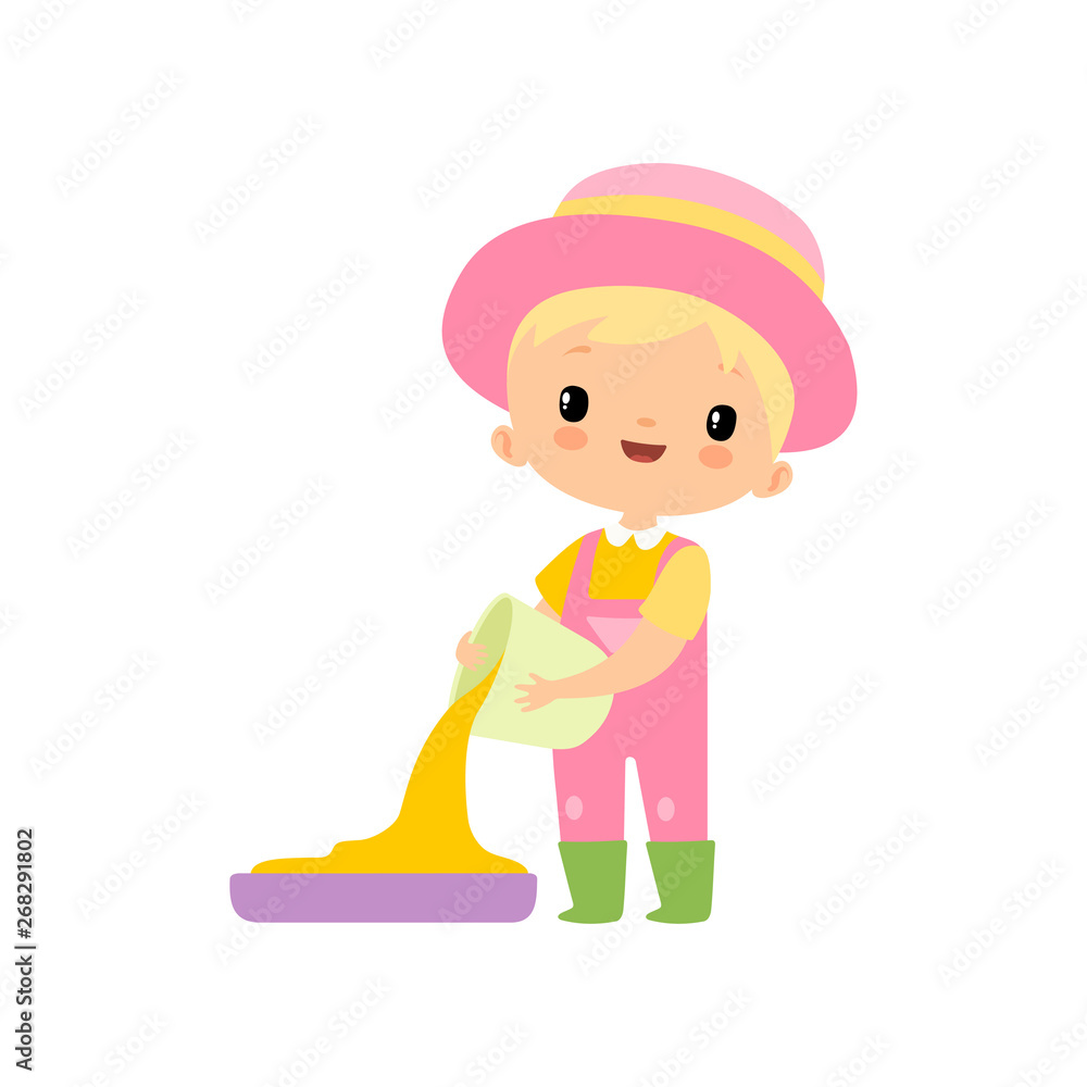 Cute Boy in Overalls, Rubber Boots and Hat Pouring Grain, Young Farmer Cartoon Character Engaged in Agricultural Activities Vector Illustratio Cute Boy in Overalls, Rubber Boots and Hat Pouring Grain, Young Farmer Cartoon Character Engaged in Agricultural Activities Vector Illustratio