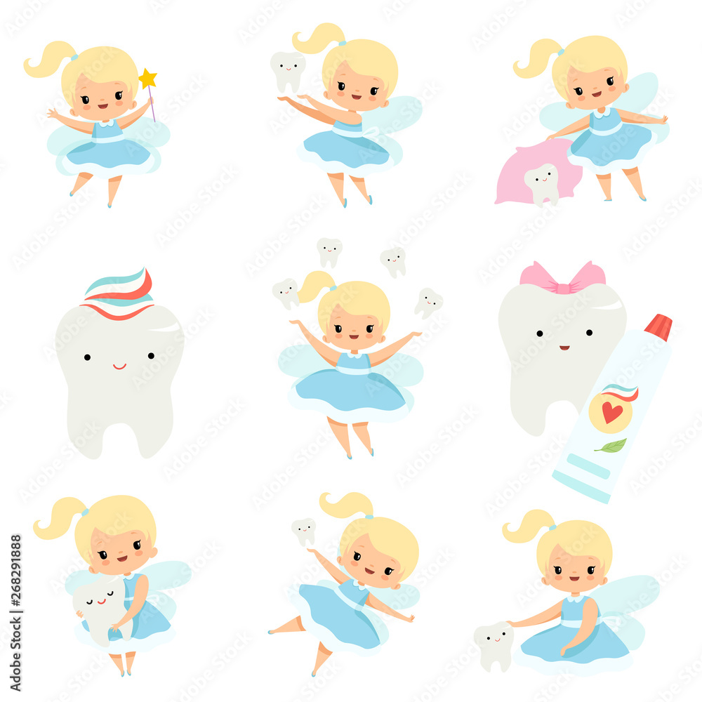 Cute Little Tooth Fairy and Healthy Baby Teeth Set, Lovely Blonde Fairy Girl Cartoon Character in Light Blue Dress with Wings Vector Illustration Cute Little Tooth Fairy and Healthy Baby Teeth Set, Lovely Blonde Fairy Girl Cartoon Character in Light Blue Dress with Wings Vector Illustration