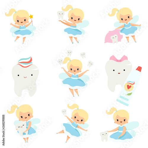 Cute Little Tooth Fairy and Healthy Baby Teeth Set, Lovely Blonde Fairy Girl Cartoon Character in Light Blue Dress with Wings Vector Illustration