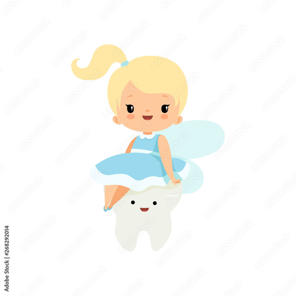 Cute Little Tooth Fairy Sitting on Baby Tooth, Lovely Blonde Fairy Girl Cartoon Character in Light Blue Dress with Wings Vector Illustration Cute Little Tooth Fairy Sitting on Baby Tooth, Lovely Blonde Fairy Girl Cartoon Character in Light Blue Dress with Wings Vector Illustration
