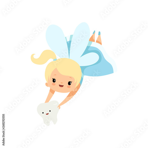 Little Tooth Fairy Flying with Baby Tooth, Cute Blonde Fairy Girl Cartoon Character in Light Blue Dress with Wings Vector Illustration