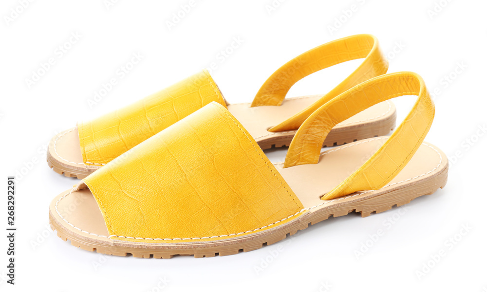 Pair of stylish female sandals on white background Pair of stylish female sandals on white background