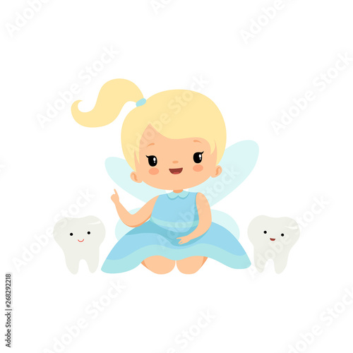 Cute Little Tooth Fairy with Baby Teeth, Lovely Blonde Fairy Girl Cartoon Character in Light Blue Dress with Wings Pointing Finger Up Vector Illustration