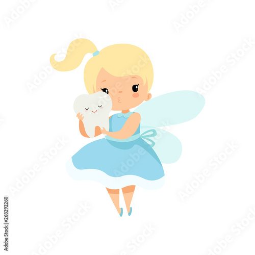 Little Tooth Fairy Holding Cute Baby Tooth, Lovely Blonde Fairy Girl Cartoon Character in Light Blue Dress with Wings Vector Illustration