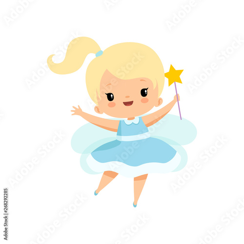 Cute Little Tooth Fairy with Magic Wand, Lovely Blonde Fairy Girl Cartoon Character in Light Blue Dress with Wings Vector Illustration © topvectors