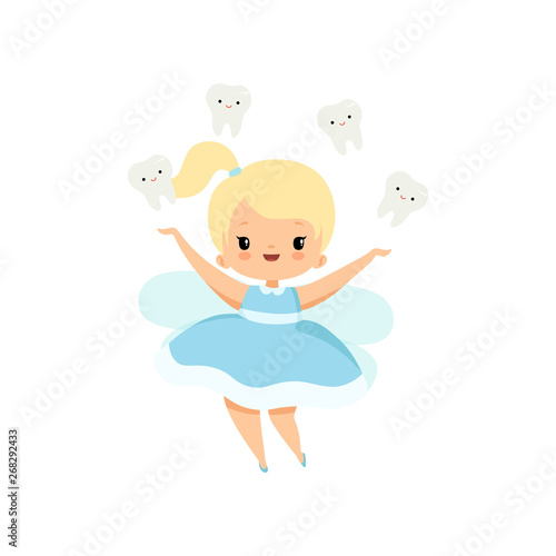 Little Tooth Fairy and Cute Baby Teeth Flying Around Her, Lovely Blonde Fairy Girl Cartoon Character in Light Blue Dress with Wings Vector Illustration