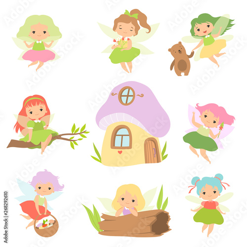 Cute Little Forest Fairies Set, Lovely Fairies Girls Cartoon Characters and Fairytale Fantasy House Vector Illustration