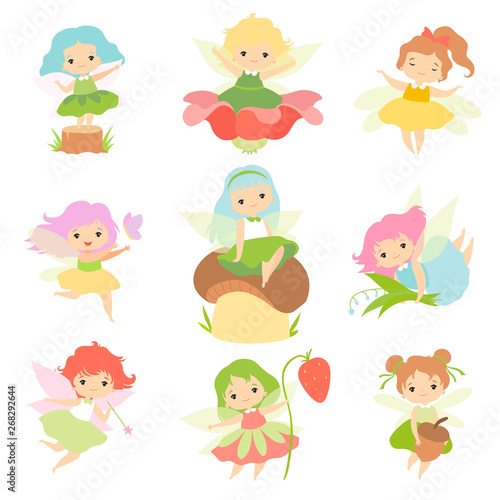 Cute Little Forest Fairies Set  Lovely Fairies Girls Cartoon Characters with Colored Hair and Wings Vector Illustration