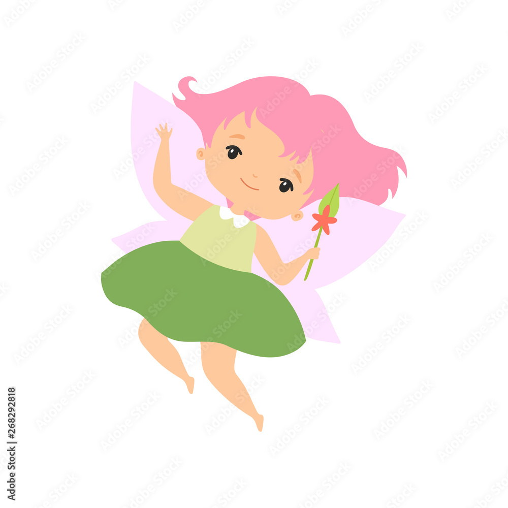 Little Forest Fairy with Magic Wand, Lovely Fairy Girl Cartoon Character with Pink Hair and Wings Vector Illustration Little Forest Fairy with Magic Wand, Lovely Fairy Girl Cartoon Character with Pink Hair and Wings Vector Illustration