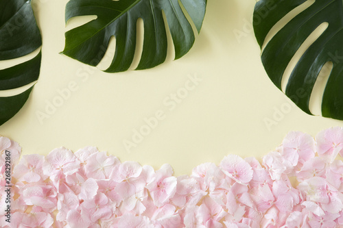 Creative layout and background made of tropical palm leaves and pink pastel f...