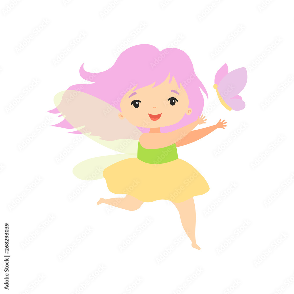 Little Forest Fairy Flying with Butterfly, Lovely Fairy Girl Cartoon Character Vector Illustration Little Forest Fairy Flying with Butterfly, Lovely Fairy Girl Cartoon Character Vector Illustration