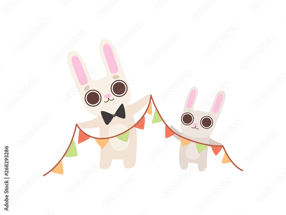 Obraz premium Happy Family of Bunnies, Father and Baby Rabbits Celebrating with Party Flags, Cute Cartoon Hares Characters Vector Illustration