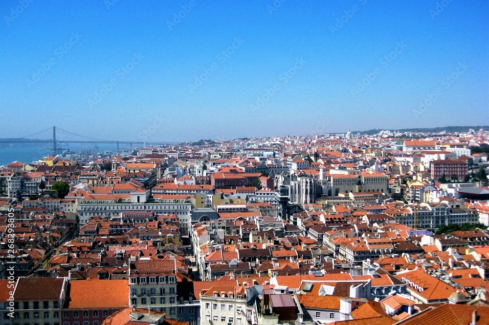 Aerial view of Lisbon Baixa district with Santa Justa Lift (Carmo Lift) and ruins of historical Gothic church Convent of Our Lady of Mount Carmel (Igreja do Carmo), destroyed by earthquake in 1755