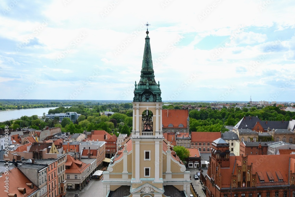 Panoramic view of old town in Torun on Vistula bank, Poland. Aerial view at the historical district of Torun old town 