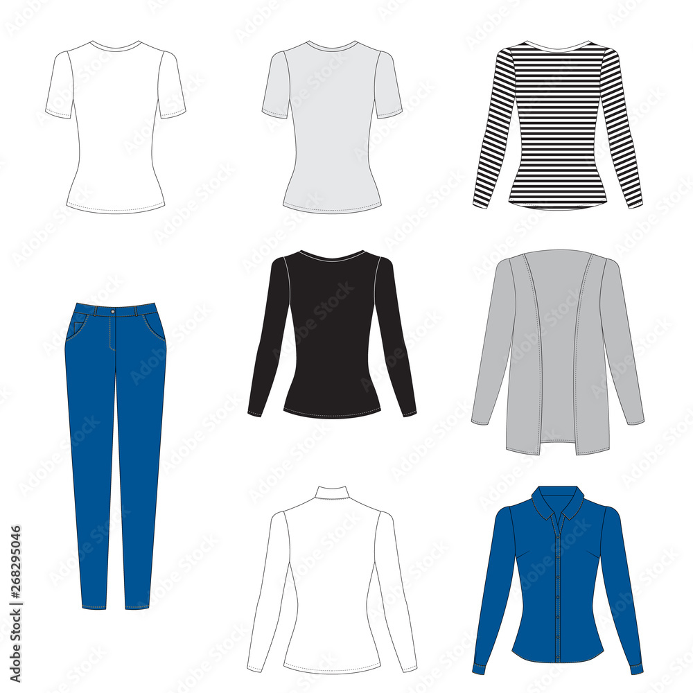 Illustration of women's skirt,shirt, underwear, pants, jeans, t-shirt, longsleeve, cardigan. Office or school capsule wardrobe. Casual style. Technical drawing Illustration of women's skirt,shirt, underwear, pants, jeans, t-shirt, longsleeve, cardigan. Office or school capsule wardrobe. Casual style. Technical drawing