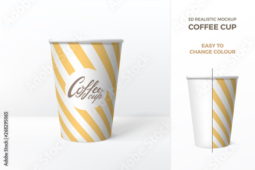 Vector 3d realistic mockup of white paper coffee cup with yellow striped pattern.  Template for drink packaging design. Easy to change colour. Isolated from background.