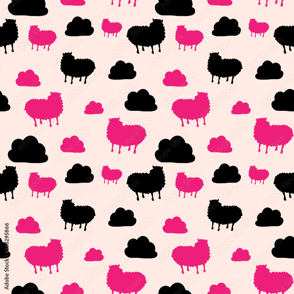 Seamless pattern with cute sheep and clouds. pink backgraund Seamless pattern with cute sheep and clouds. pink backgraund