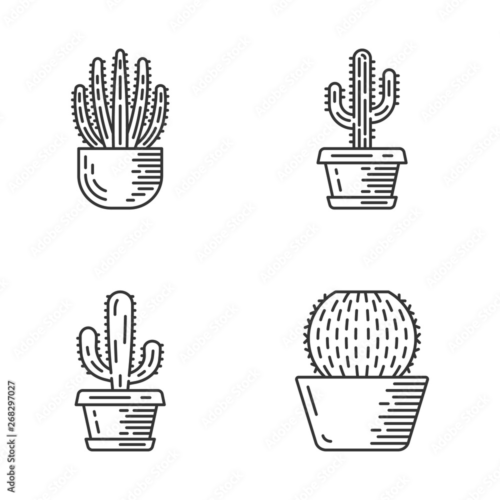 House cacti in pot linear icons set House cacti in pot linear icons set