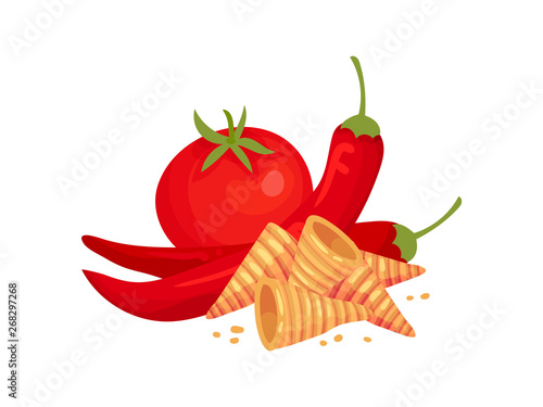 Cone-shaped croutons next to tomatoes and hot peppers. Vector illustration on white background.