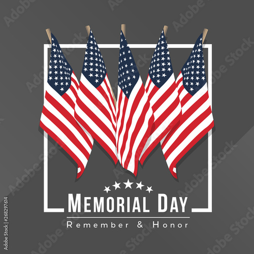 memorial day for usa banner with group of usa flags in white frame on gray background vector design