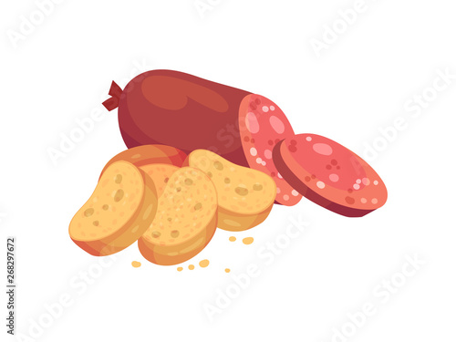 Oval croutons with salami. Vector illustration on white background.