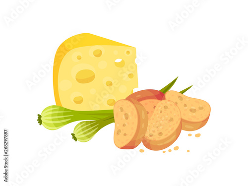 Oval croutons with cheese and onions. Vector illustration on white background.