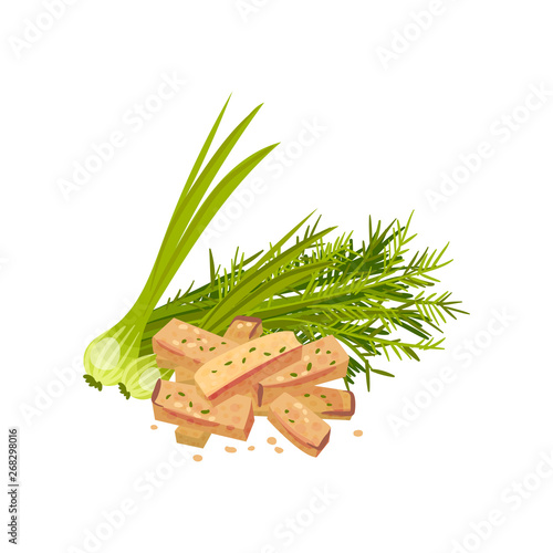 Rectangular croutons with greens. Vector illustration on white background.