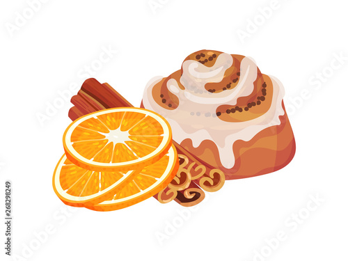 Bun in the shape of a pyramid, cinnamon sticks and orange slices. Vector illustration on white background.