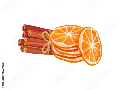 Cinnamon sticks next to a pile of orange slices. Vector illustration on white background.
