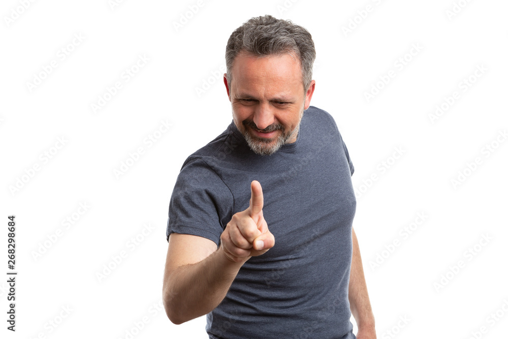 Man pressing button on screen with focused expression